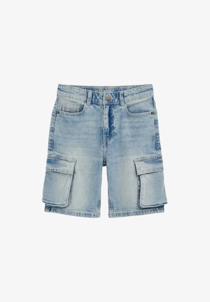 Helelehelesinisest teksariidest cargo-lühikesed püksid ees nupuga, luku, vööaasade ja mõlemal küljel suurte klapiga taskutega.