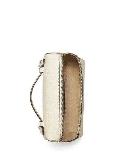 Piccola borsa a mano beige in pelle con manico superiore, cerniera aperta che mostra l'interno in suede e una tasca interna.