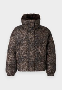 Jakna z leopardjim potiskom, polnjena, z visokim ovratnikom, elastičnimi zapestniki in mehkim umetnim krznom na robu. Tkanina ima značilen rjav in črn vzorec.