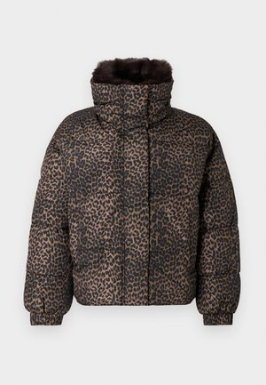 Puffer bunda s leopardím vzorom, vysokým golierom, elastickými manžetami a mäkkým lemom z umelej kožešiny. Tkanina má výrazný hnedo-čierny vzor.