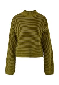 Pull court vert olive à texture côtelée, avec de larges manches et un col montant. Des rayures horizontales créent un design structuré.