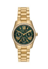 Montre-bracelet dorée avec un cadran vert, des marqueurs en chiffres romains, deux sous-cadrans et une lunette en cristal. Elle est dotée d'un bracelet en maillons dorés.