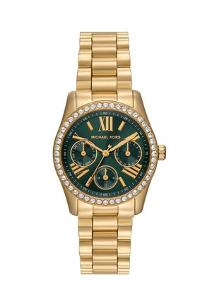 Montre-bracelet dorée avec un cadran vert, des marqueurs en chiffres romains, deux sous-cadrans et une lunette en cristal. Elle est dotée d'un bracelet en maillons dorés.