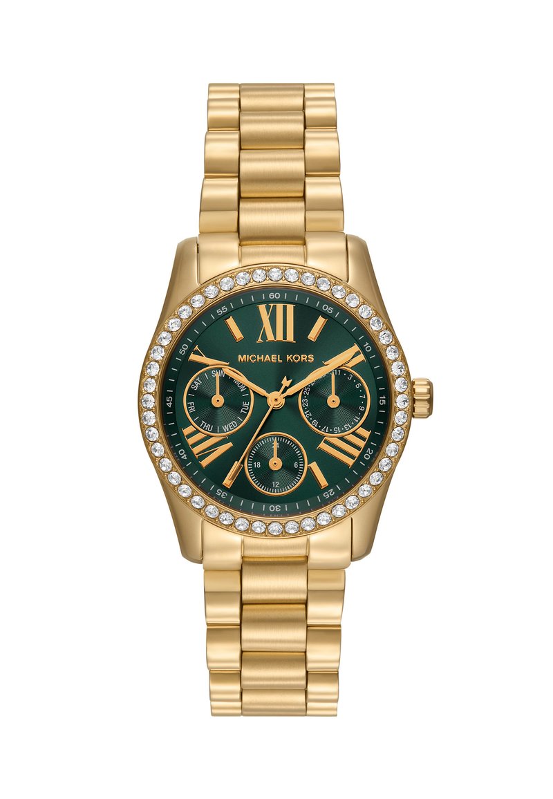 Montre-bracelet dorée avec un cadran vert, des marqueurs en chiffres romains, deux sous-cadrans et une lunette en cristal. Elle est dotée d'un bracelet en maillons dorés.