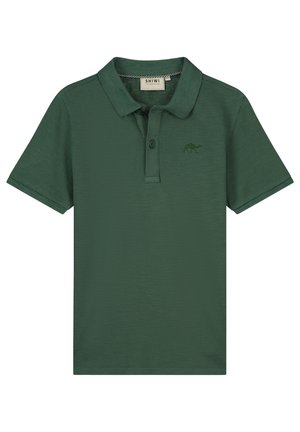 Polo manches courtes vert foncé avec col, patte à deux boutons et petit logo animal brodé sur la poitrine gauche.