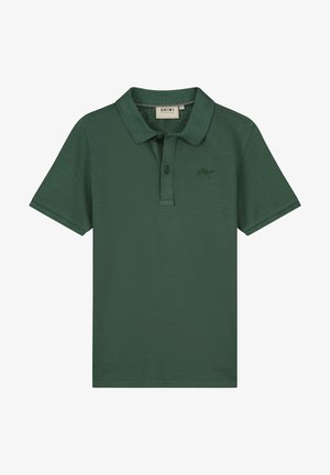 Polo manches courtes vert foncé avec col, patte à deux boutons et petit logo animal brodé sur la poitrine gauche.