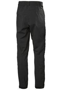 Zwarte waterdichte broek van rekbaar materiaal, met een elastische tailleband en taps toelopende pijpen. Kenmerken zijn onder andere zijzakken en verstelbare boorden.