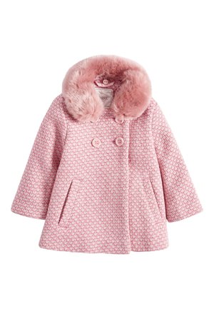 Manteau pour tout-petit à motifs roses et blancs, avec double boutonnage, poches latérales et col en fausse fourrure rose doux et duveteux.