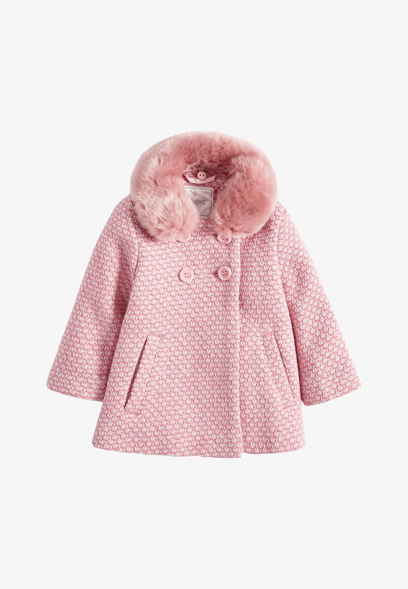 Manteau pour tout-petit à motifs roses et blancs, avec double boutonnage, poches latérales et col en fausse fourrure rose doux et duveteux.