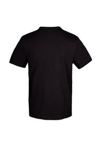 T-shirt nera a maniche corte in cotone, con colletto a girocollo classico e un design semplice senza loghi o motivi visibili.