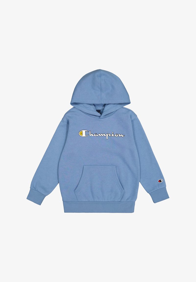 Helle blaue Kapuzenjacke mit einer Vordertasche, gesticktem "Champion"-Logo und Logo-Patch am Ärmel. Weicher, Baumwoll-Mix-Stoff.