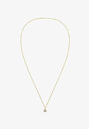 Collier délicat en chaîne d'or avec un petit pendentif rond avec une pierre précieuse claire au centre.