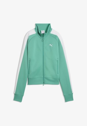 Mintgrøn Puma træningsjakke med fuld lynlås foran, ribbet krave og manchetter, hvide striber på ærmerne samt lynlåslommer i siden.