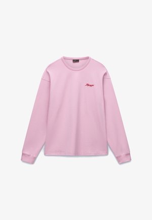 Maglietta rosa chiaro a maniche lunghe con scollo tondo, piccolo logo rosso in corsivo sul petto sinistro, design semplice e polsini a coste.