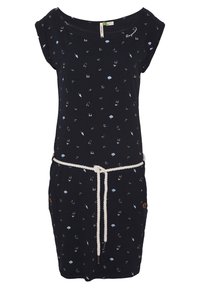 Granatowa sukienka z krótkimi rękawami, z nadrukiem kolorowych ikon. Posiada wiązanie w talii oraz kieszenie zapinane na guziki dla podkreślenia detali.