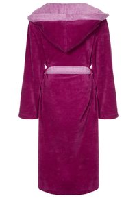 Fuchsia hooded bathrobe in soft, plush material with a matching fabric belt; features long sleeves and a cozy, textured finish.