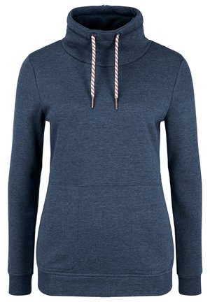 Tamsiai mėlynas džemperis su aukšta apykakle, kontrastingomis grietinėlės ir rudos spalvos raišteliais, raukšlėtomis rankogaliais ir minkšta tekstūra. Yra priekinė kišenė.