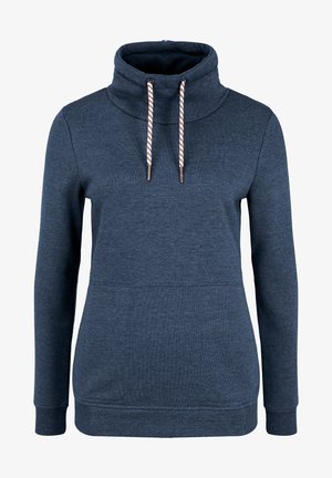 Tamsiai mėlynas džemperis su aukšta apykakle, kontrastingomis grietinėlės ir rudos spalvos raišteliais, raukšlėtomis rankogaliais ir minkšta tekstūra. Yra priekinė kišenė.