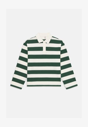 Langermet polo skjorte med grønne og hvite horisontale striper, kragehals og rett søm. Laget av myk bomull.
