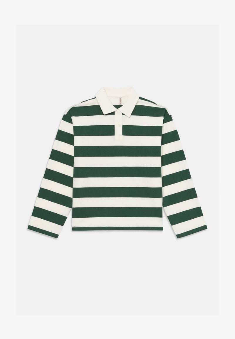 Camisola polo de manga longa com riscas horizontais verdes e brancas, gola, e bainha reta. Feita de um tecido de algodão macio.