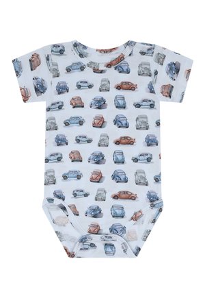 Body bianco per neonati a maniche corte, decorato con un motivo ripetuto di piccole auto d'epoca nei colori blu, arancione e grigio.