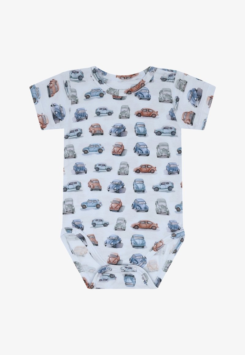 Body blanc pour bébé à manches courtes, recouvert d'un motif répété de petites voitures vintage en bleu, orange et gris.