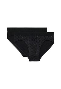 Schwarzes Unterwäsche-Set bestehend aus zwei Paaren: einem einfarbigen schwarzen und einem mit einem strukturierten Diamantmuster. Beide haben einen Logo-Bund.
