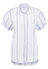 Camicia bianca con strisce verticali blu, maniche corte arrotolate e orlo leggermente curvato. Realizzata in tessuto leggero.