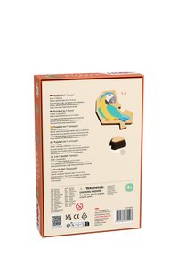 2-in-1 parrot puzzle box featuring a colorful parrot design, made of sturdy wood, with dimensions 21.5 x 16 cm. Includes multiple languages on packaging.