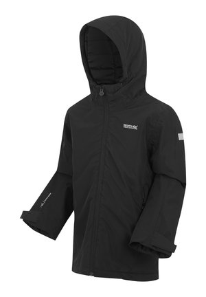 Czarna wodoodporna kurtka outdoor z kapturem, pełnym przednim zamkiem błyskawicznym i regulowanymi mankietami, z logo Regatta Great Outdoors na piersi.
