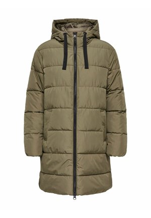 Olivově zelená péřová bunda s kapucí, se zapínáním na zip vpředu, černými stahovacími šňůrkami a prostornými bočními kapsami. Prošívaná textura.