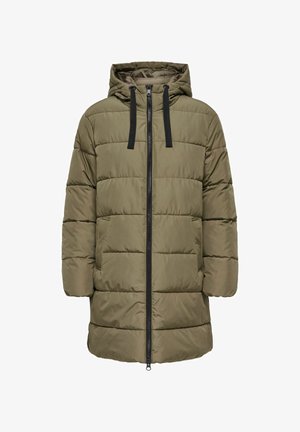 Oliņzaļš pūkains jaka ar kapuci, ar priekšējo rāvējslēdzēju, melniem auklām un plašām sānu kabatām. Pukota tekstūra.