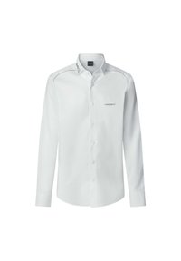 Witte lange mouwen shirt van gladde stof. Voorzien van een button-down kraag, knopen aan de voorkant en het 'HACKETT' logo in het zwart op de borst.