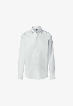 Weiße Langarmbluse aus glattem Stoff. Mit einem Button-Down-Kragen, Knöpfen an der Vorderseite und dem schwarzen "HACKETT"-Logo auf der Brust.