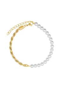 Bracciale in catena dorata attorcigliata con perle bianche, dotato di chiusura a gabbiano e di estensione regolabile della catena per variare la misura.