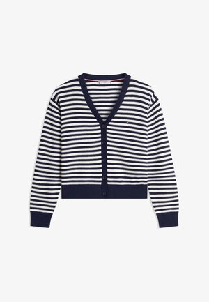 Cardigan court rayé bleu marine et blanc avec un décolleté en V profond, une texture côtelée, une fermeture à six boutons, et des poignets et ourlet bleu marine contrastants.