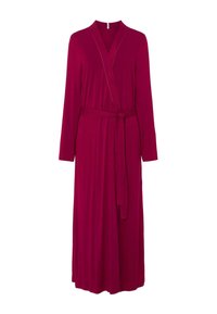Vestido largo cruzado de color burdeos con mangas largas y cinturón a juego, que presenta un escote en V y una falda fluida.