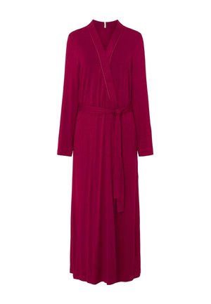 Vestido largo cruzado de color burdeos con mangas largas y cinturón a juego, que presenta un escote en V y una falda fluida.