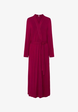 Vestido largo cruzado de color burdeos con mangas largas y cinturón a juego, que presenta un escote en V y una falda fluida.
