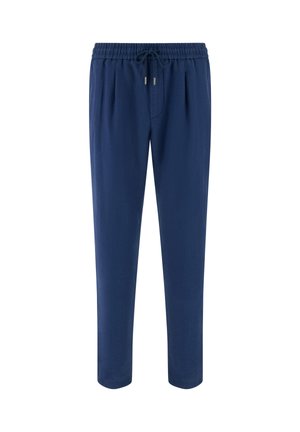 Granatowe, casualowe spodnie z elastycznym paskiem w talii i czarnym ściągaczem, o prostym kroju nogawki, prezentowane na białym tle.