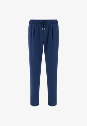 Pantalones casuales azul marino con cintura elástica y cordón negro, ajuste de pierna recta, exhibidos sobre un fondo blanco.