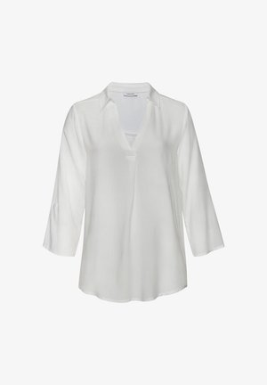 Valkoinen paita, jossa on V-pääntie ja kaulus, 3/4 pitkät hihat, valmistettu kevyestä kankaasta, jossa on sileä pinta ja rento istuvuus.