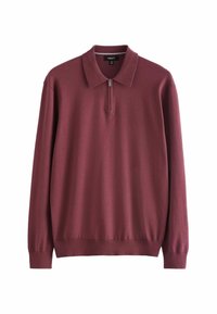 Bordeaux langærmet pullover med lynlås krave, struktureret stof samt ribbede manchetter og kant. Enkelt, klassisk design der passer til forskellige anledninger.