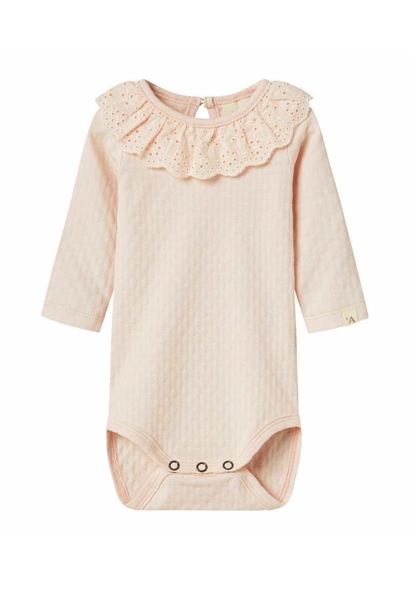 Rosa langärmeliger Body mit strukturiertem Muster, einem gewellten Stickerei-Rüschensaum und Druckknöpfen im Schritt.