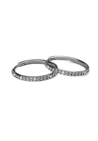 Orecchini a cerchio in argento con una fila di cristalli trasparenti scintillanti lungo il bordo anteriore, che mostrano una finitura metallica lucida e un design slim.