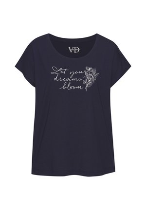 Dunkelblaues T-Shirt mit kurzen Ärmeln und Rundhalsausschnitt, mit weißem Text "Lass deine Träume blühen" und floralen Illustrationen.