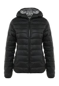 Svart vadderad jacka med huva, med en framtida dragkedja, quiltad design och en slät yta. Insidan har en kontrasterande grå foder.