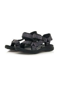 Sandalias exteriores en negro y gris con correas ajustables, superficie texturizada y suela robusta, diseñadas para la comodidad y la estabilidad.
