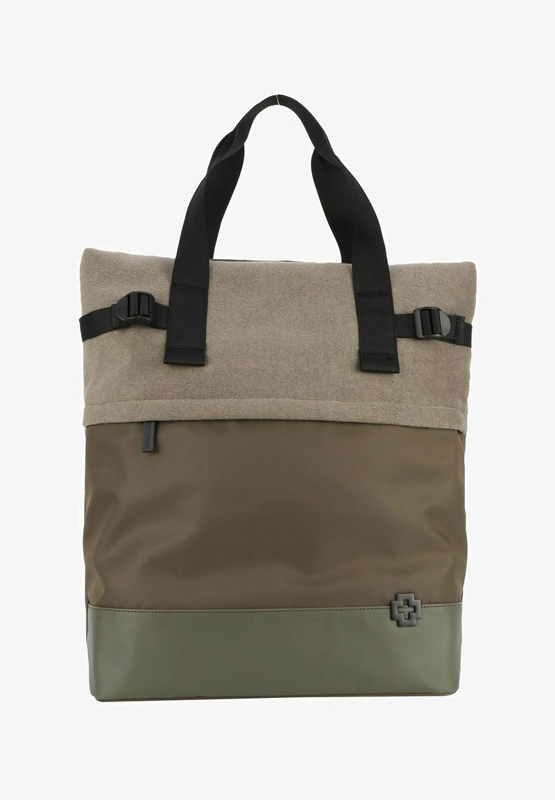 Torba z zvitkom v sivi filcu in temno olivno zeleni tkanini. Ima črne spletne trakove in plastične zaponke ter poudarek z logotipom v spodnjem kotu.