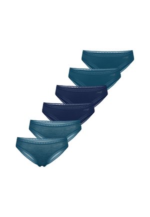 Six women's bikini-style underwear in varying shades of blue arranged diagonally with lace trim along the waistband and leg openings.